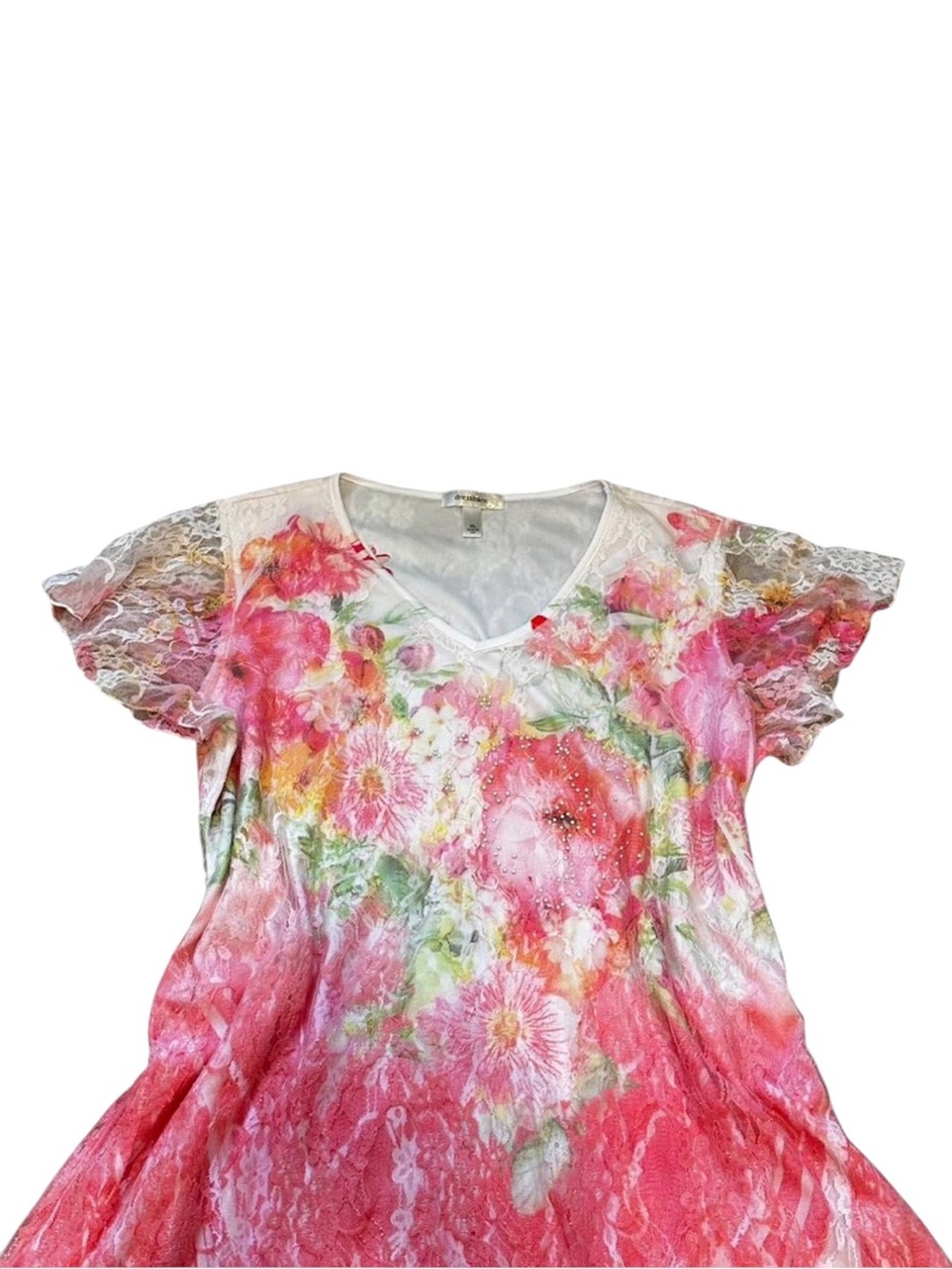 Dressbarn Pink Floral Lace Overlay Top Asymmetric Rhinestones Fairycore Ethereal - Picture 2 of 4